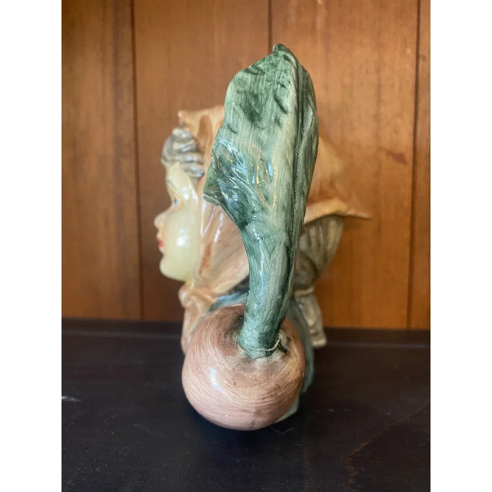 2 Vintage Jug Head Figural Girl Boy Vase Mug w/vegetable Radish Eggplant handle